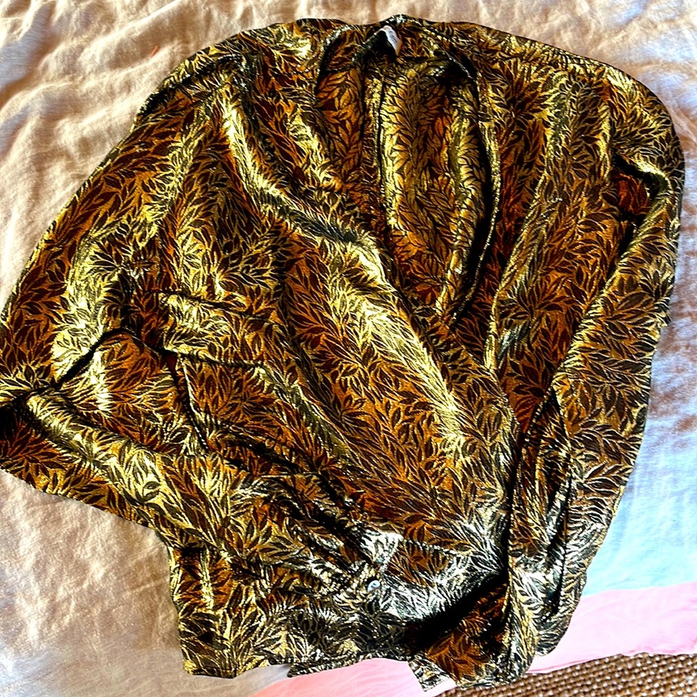 Calvin Klein gold metallic wrap around blouse